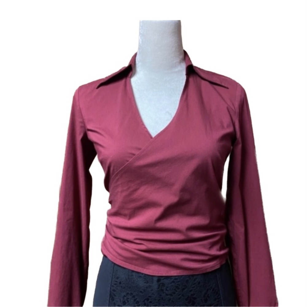Jacob Maroon Wrap Collar Shirt - Long Sleeve - Tie Back - Size XS
